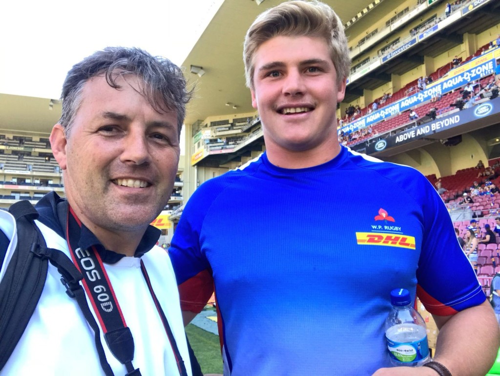 Thys Lombard and Ernst van Rhyn, player for Sale Sharks, who Thys met when he played for Paarl Gim.