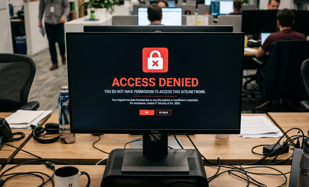 Monitor displaying “ACCESS DENIED” and “YOU DO NOT HAVE PERMISSION TO ACCESS THIS SITE/NETWORK.”