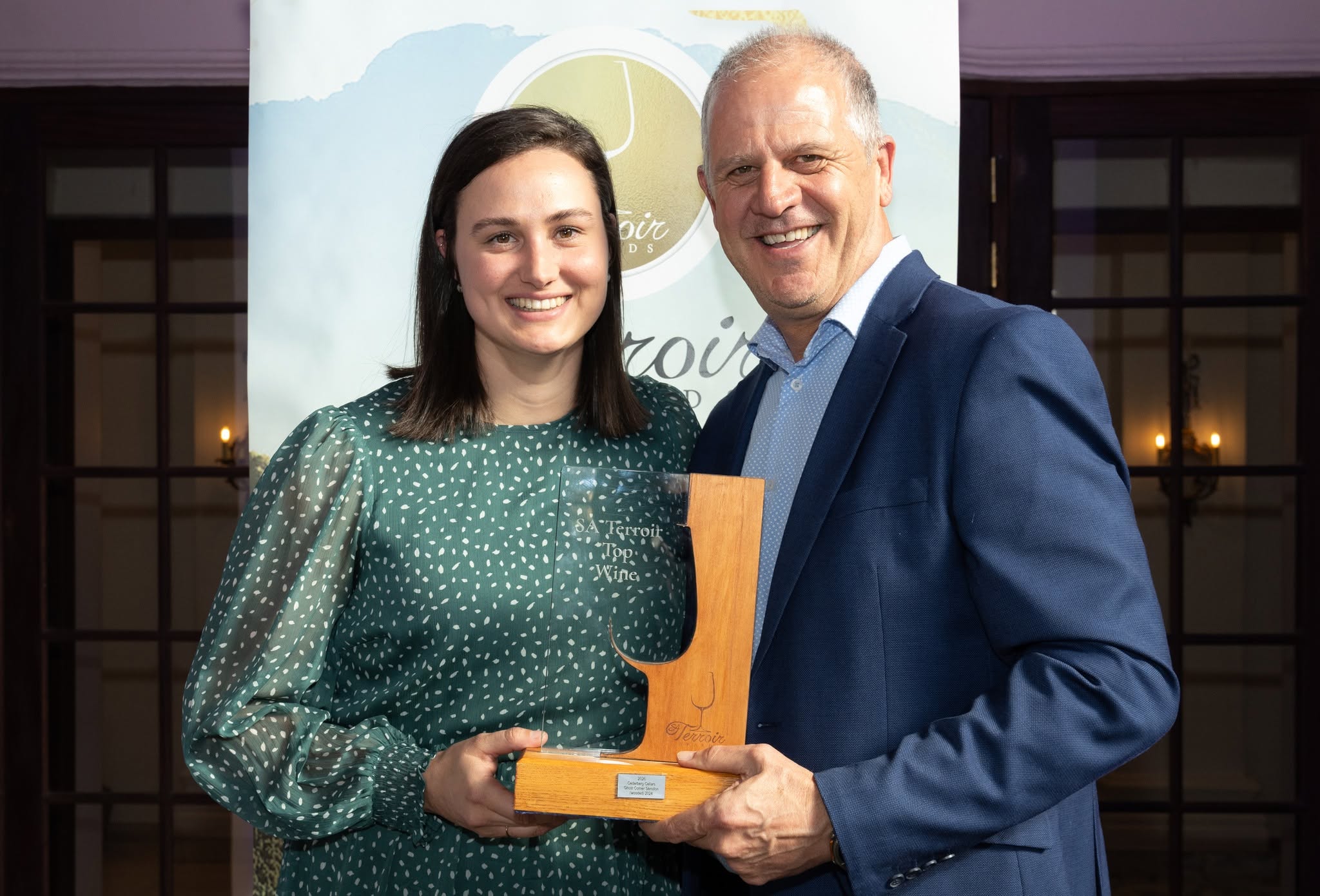 ika Engelbrecht Ghost Corner Semillon with Christo Pienaar, Chairman SA Terroir awards.