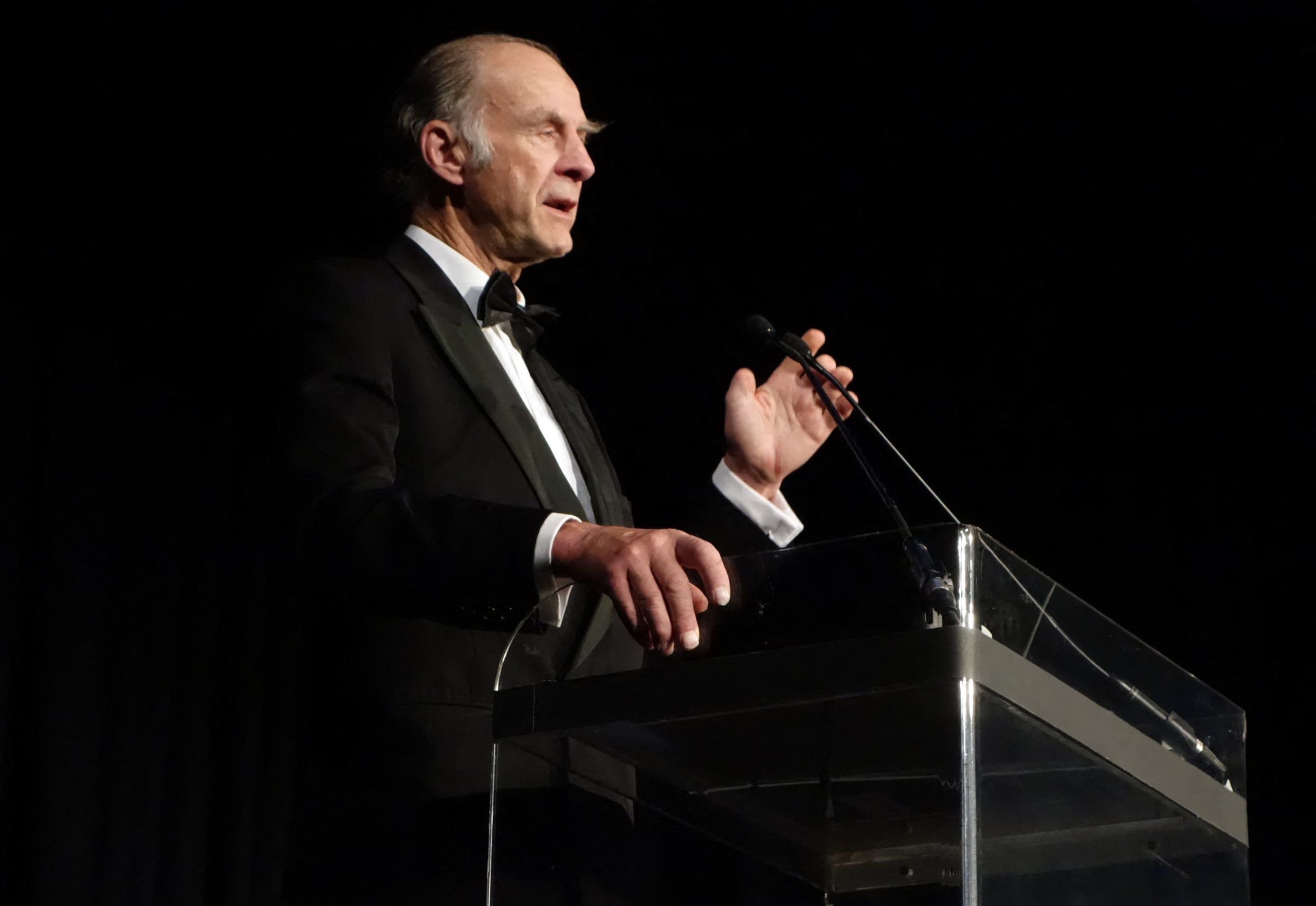 Sir Ranulph Fiennes addresses the 113th Explorers Club dinner in the Great Hall of Ellis Island Immigration Museum in New York on March 25, 2017. Photo: William Edwards/AFP