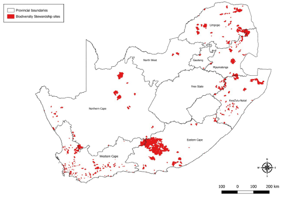 Geographic Distribution of Biodiversity Stewardship Sites Secured across South Africa over the Past 20 Year Period