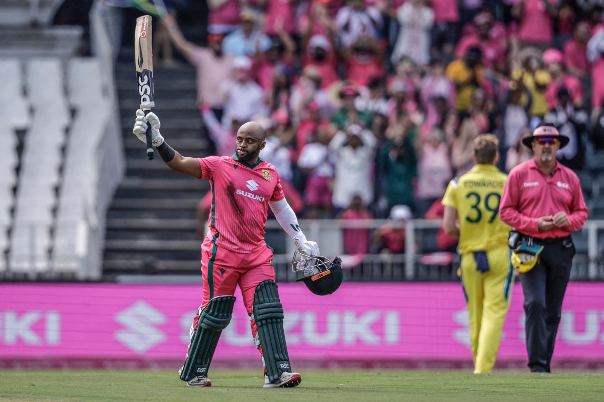 Temba Bavuma celebrates after scoring a century during the second one-day international (ODI) cricket match between South Africa and Australia