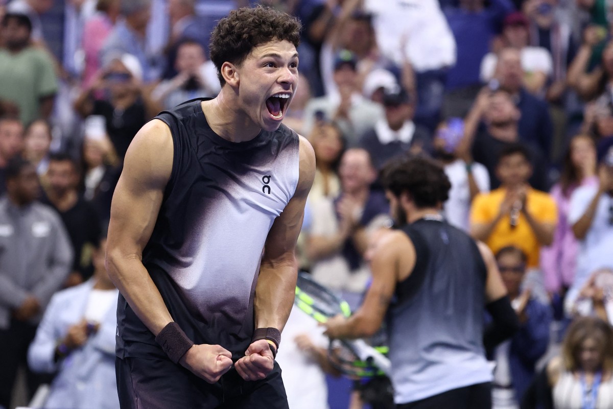 USA's Ben Shelton celebrates his win against Spain's Carlos Alcaraz during the men's singles quarter-final US Open match.