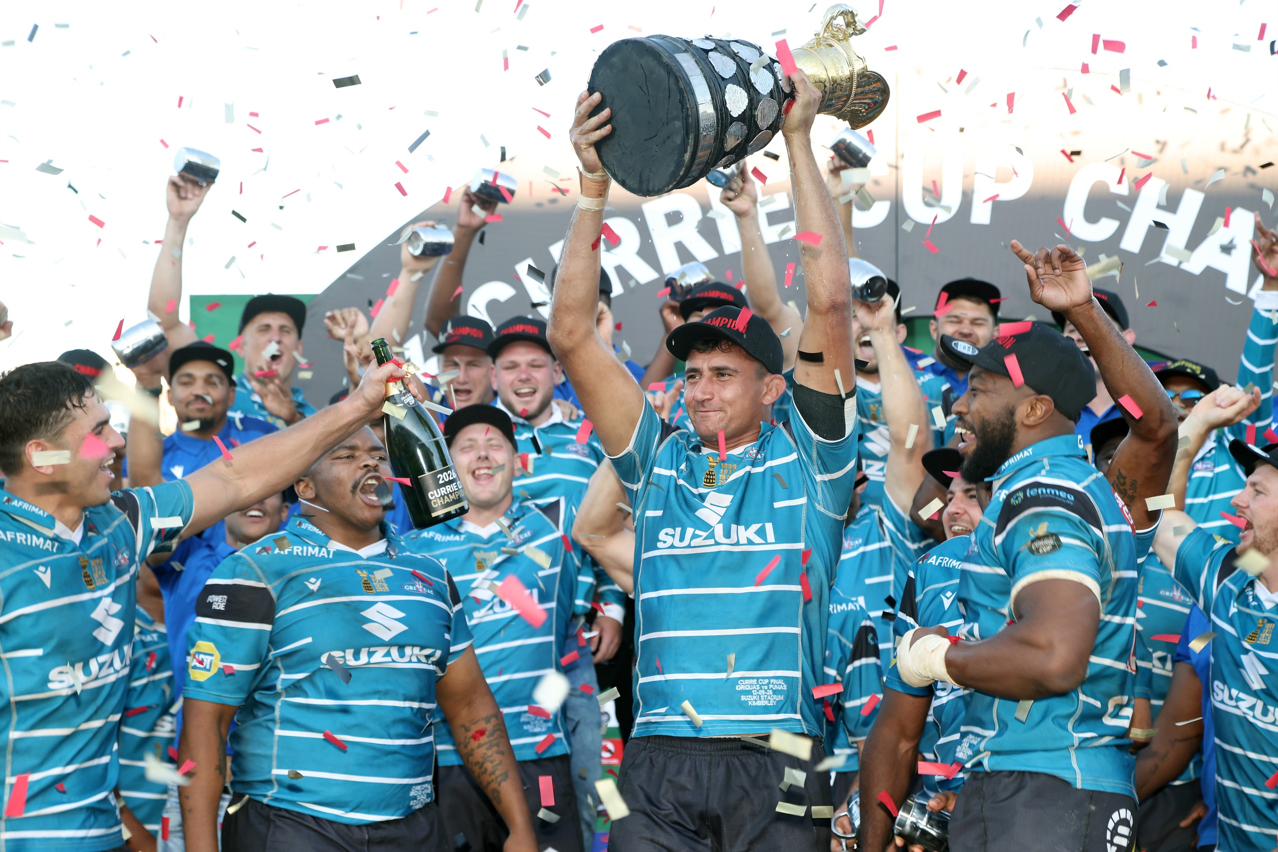 Albert Liebenberg, captain of the Suzuki Griquas lifts the trophy during the Carling Currie Cup, Premier Division Final