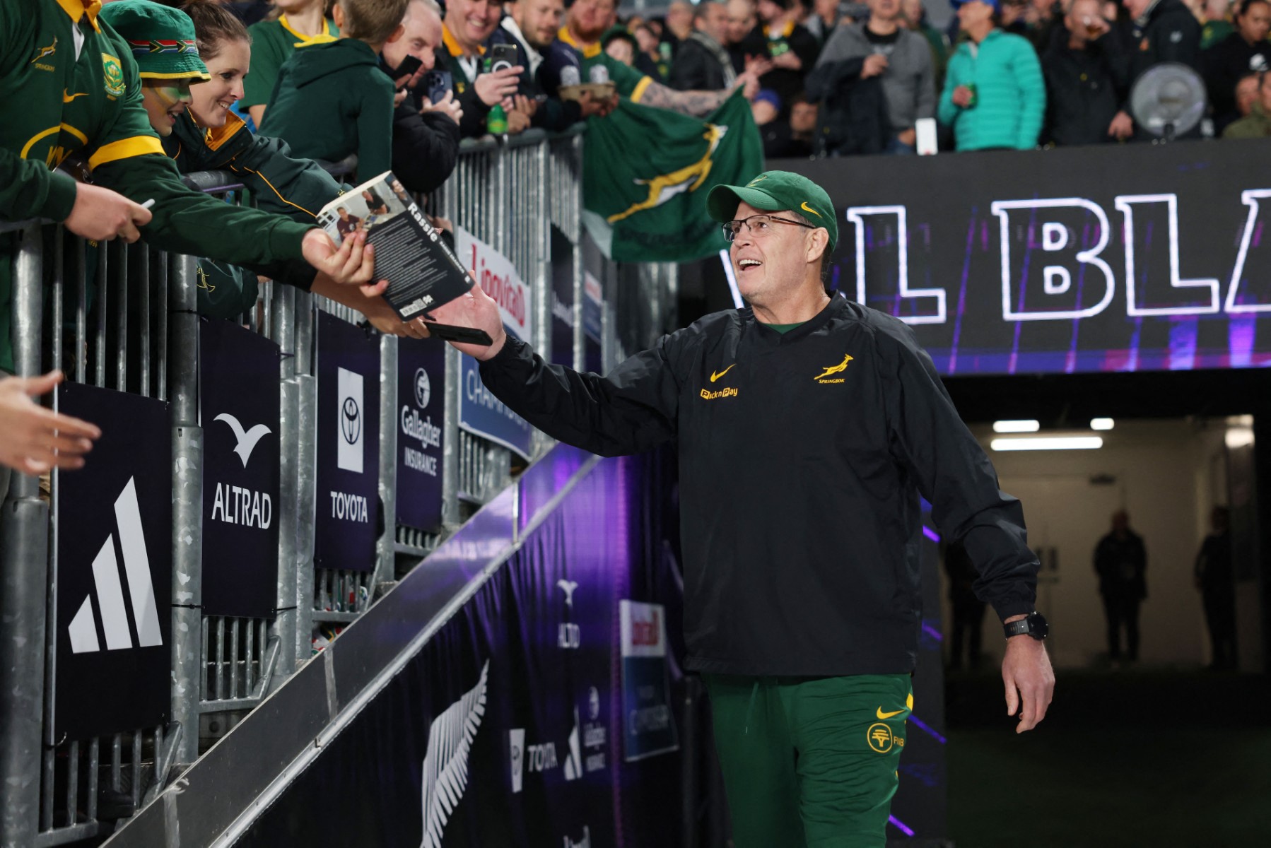 Rassie Erasmus coach of South Africa walks onto the field prior to the Rugby Championship Test match between New Zealand and South Africa