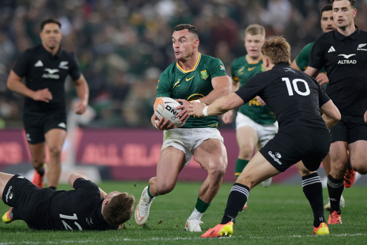 Jesse Kriel breaks through during the third Rugby's Greatest Rivalry international rugby union match between South Africa and New Zealand