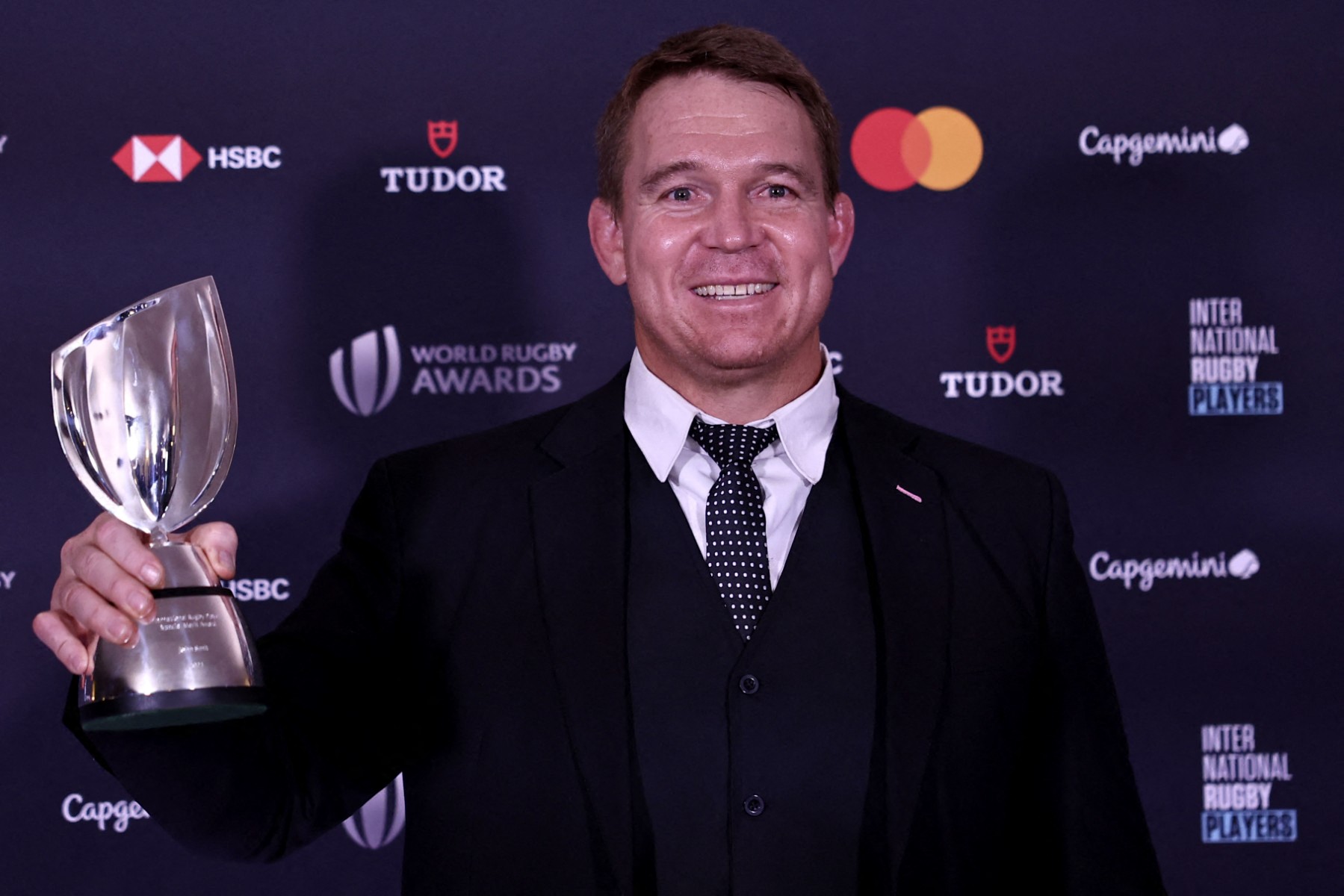 South Africa's John Smit poses with his trophy after being receiving the International Rugby Players Special Merit Award