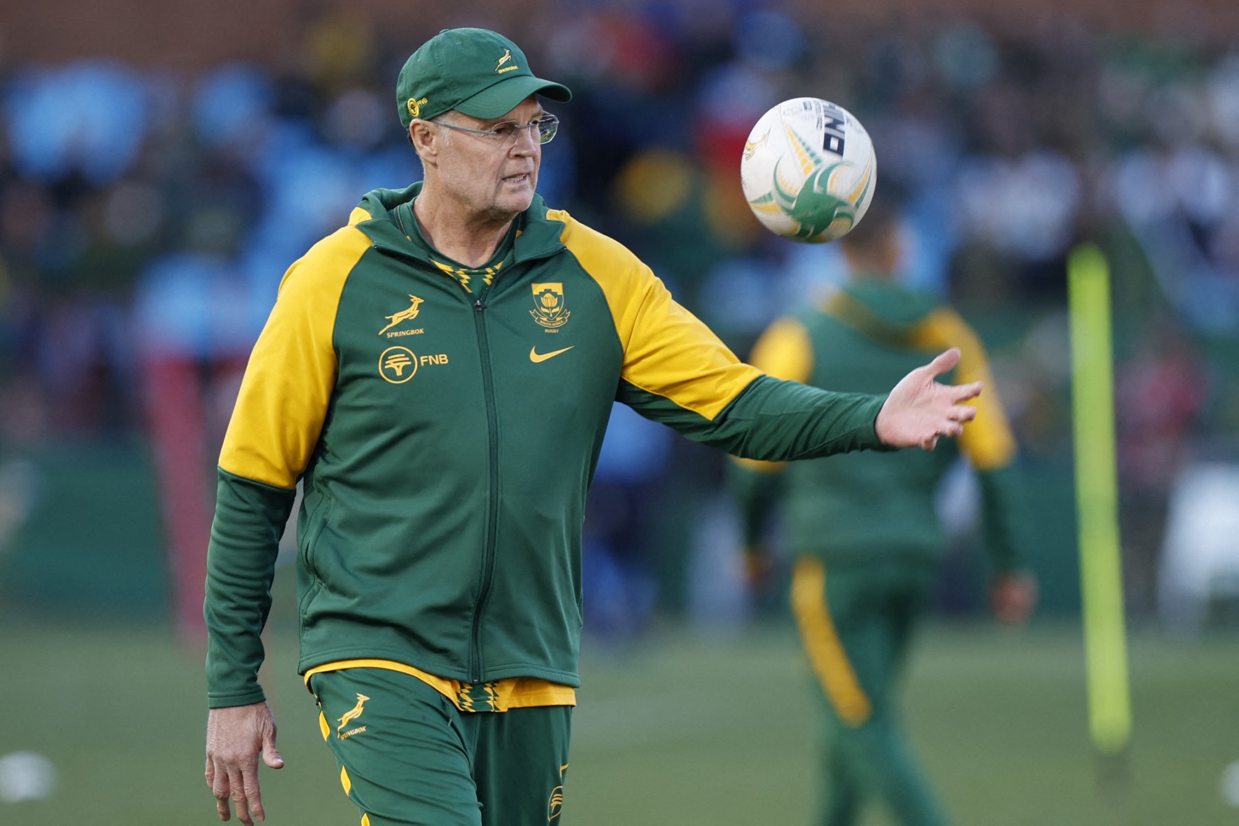 South Africa's head coach Rassie Erasmus walks on the field ahead of the international rugby union Test match between South Africa and Italy