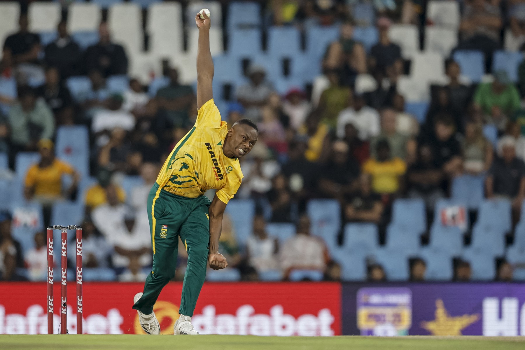 South Africa's Kagiso Rabada delivers a ball during the second Twenty20 international cricket match between South Africa and West Indies