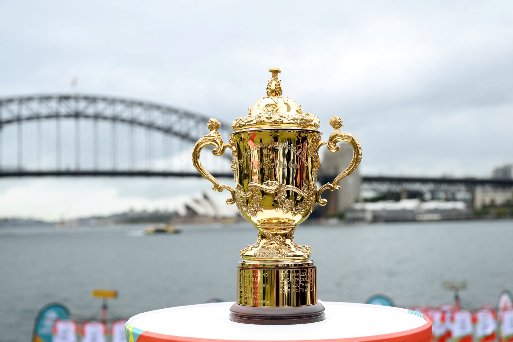 The Webb Ellis Cup is seen during the release of the official match schedule for the Men's Rugby World Cup 2027 in Sydney