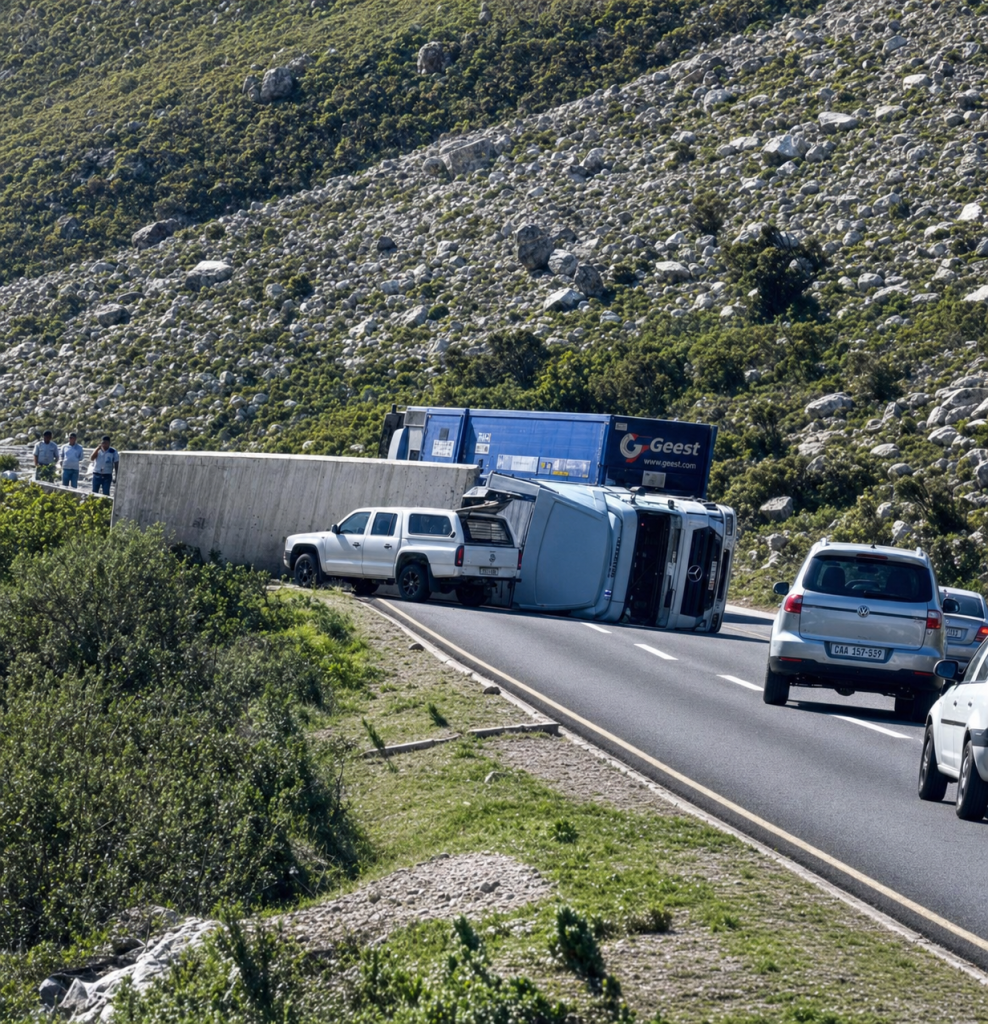 Truck blown over on Du Toitskloof Pass.