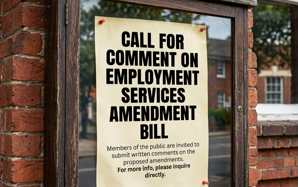 Poster reading: CALL FOR COMMENT ON EMPLOYMENT SERVICES AMENDMENT BILL. Members of the public are invited to submit written comments on the proposed amendments.