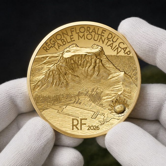 Detailed engraving of Table Mountain and fynbos vegetation on the French UNESCO World Heritage coin.
