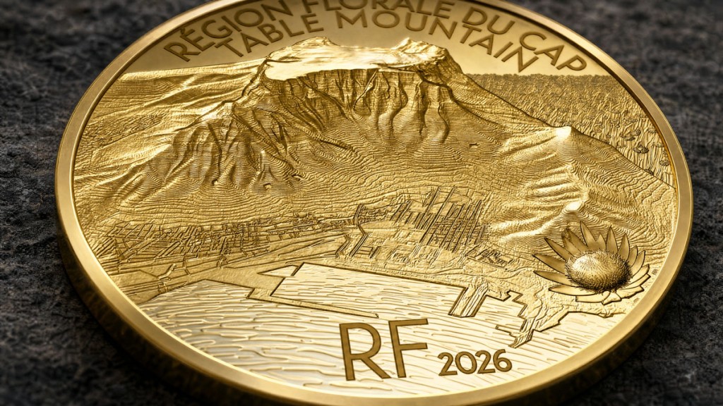 Close-up detail of the 10-euro coin showing Table Mountain and Cape fynbos engraved in metal relief.