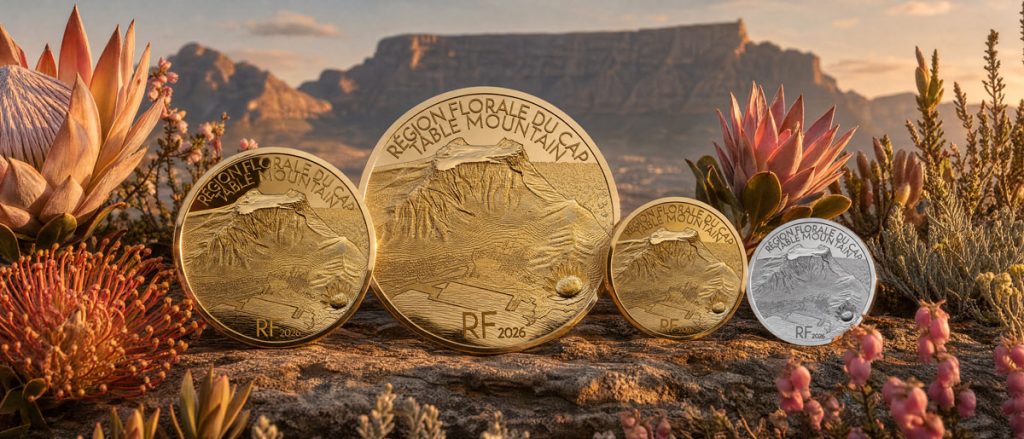 France's 2026 UNESCO coin showing Table Mountain and Cape Floral Kingdom flora in engraved relief.