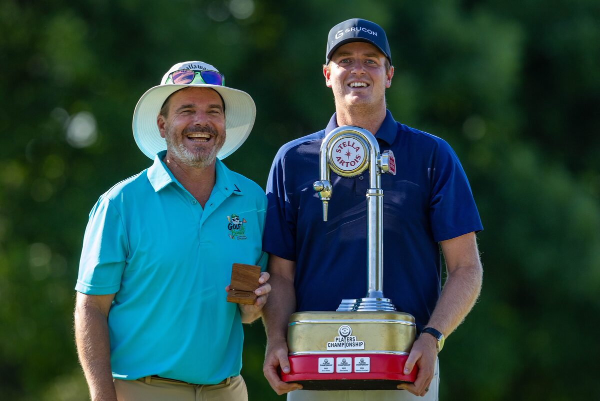 Deon Germishuys (right) and caddie Brett Whitehouse during round 4 at the Stella Artois Players Championship held at Glendower Golf Club on October 25, 2026 in Edenvale, South Africa. Photo: Tyrone Winfield/Sunshine Tour