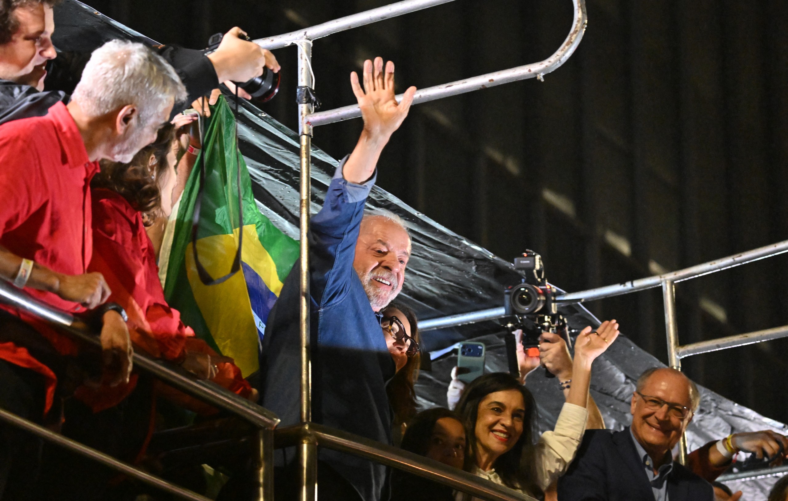 Brazil's President and presidential candidate Luiz Inacio Lula da Silva celebrates.