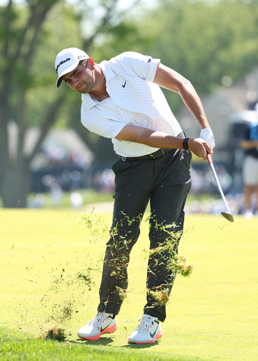 Casey Jarvis of South Africa hits an approach shot on the second hole during the third round of the PGA Championship at Aronimink Golf Club