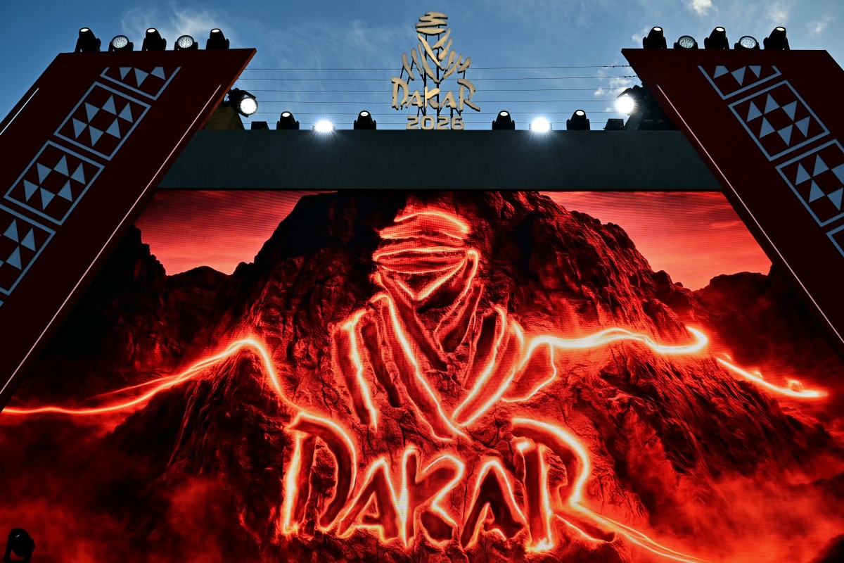 The Dakar logo is pictured during the 48th edition of the Dakar Rally 2026 in Yanbu, Saudi Arabia, on January 16, 2026.