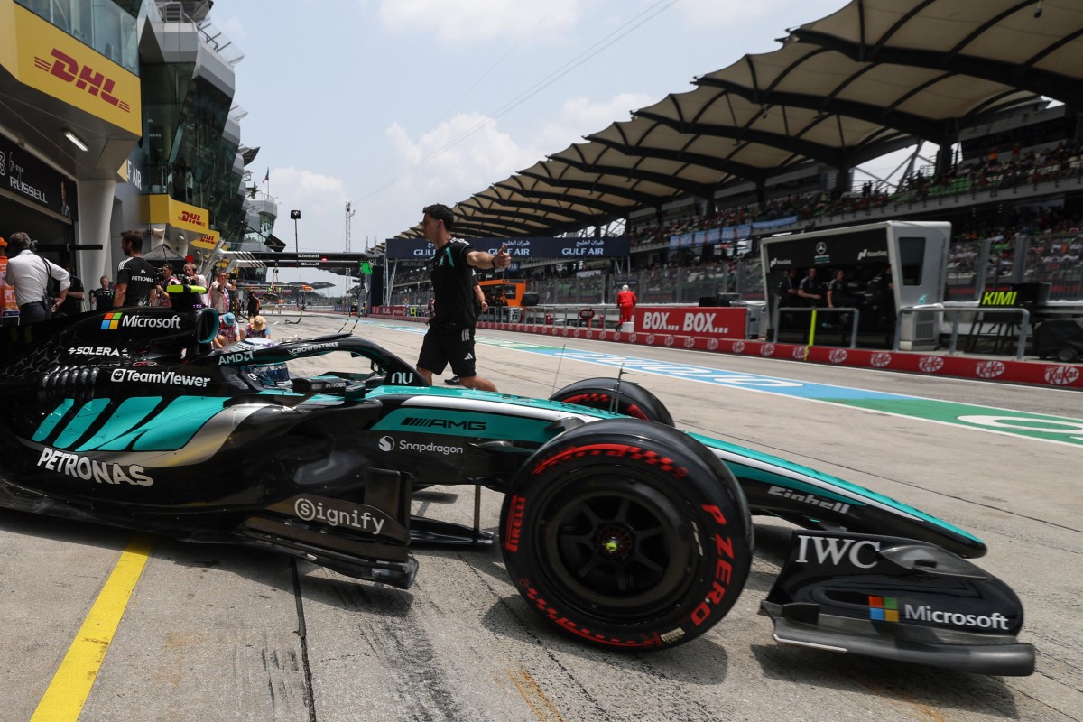 Mercedes' Italian driver Kimi Antonelli steers out of his garage into the pit lane during the third practice session