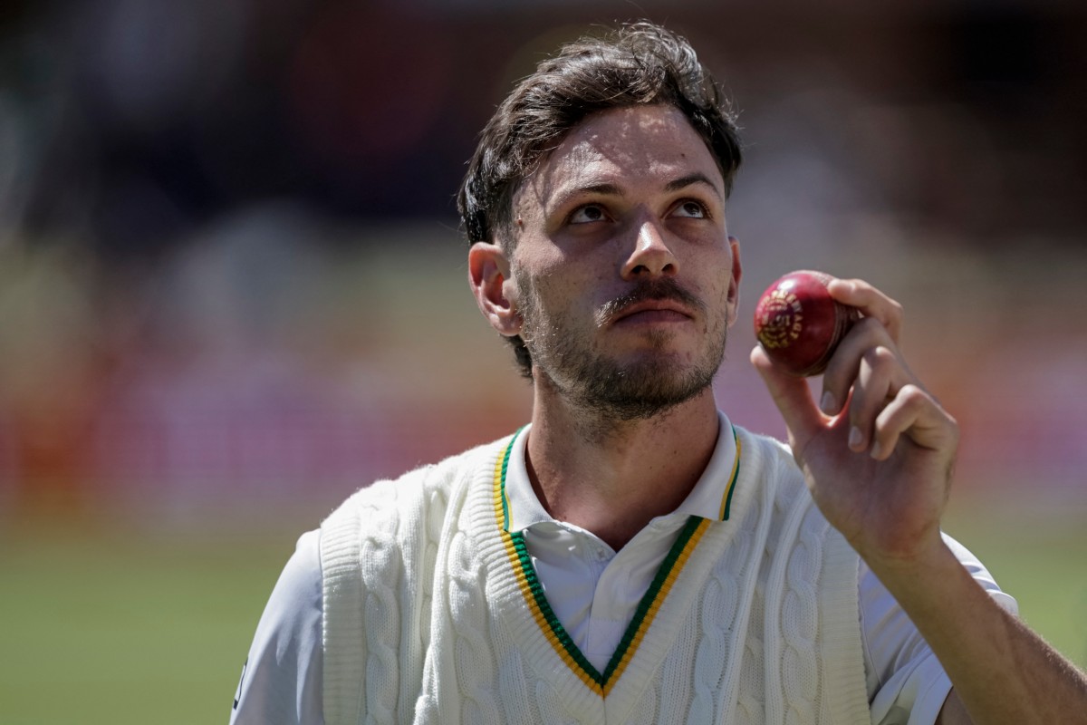Marco Jansen acknowledges the crowd with the ball on day four of the second Test match between South Africa and Australia at St Georges Park