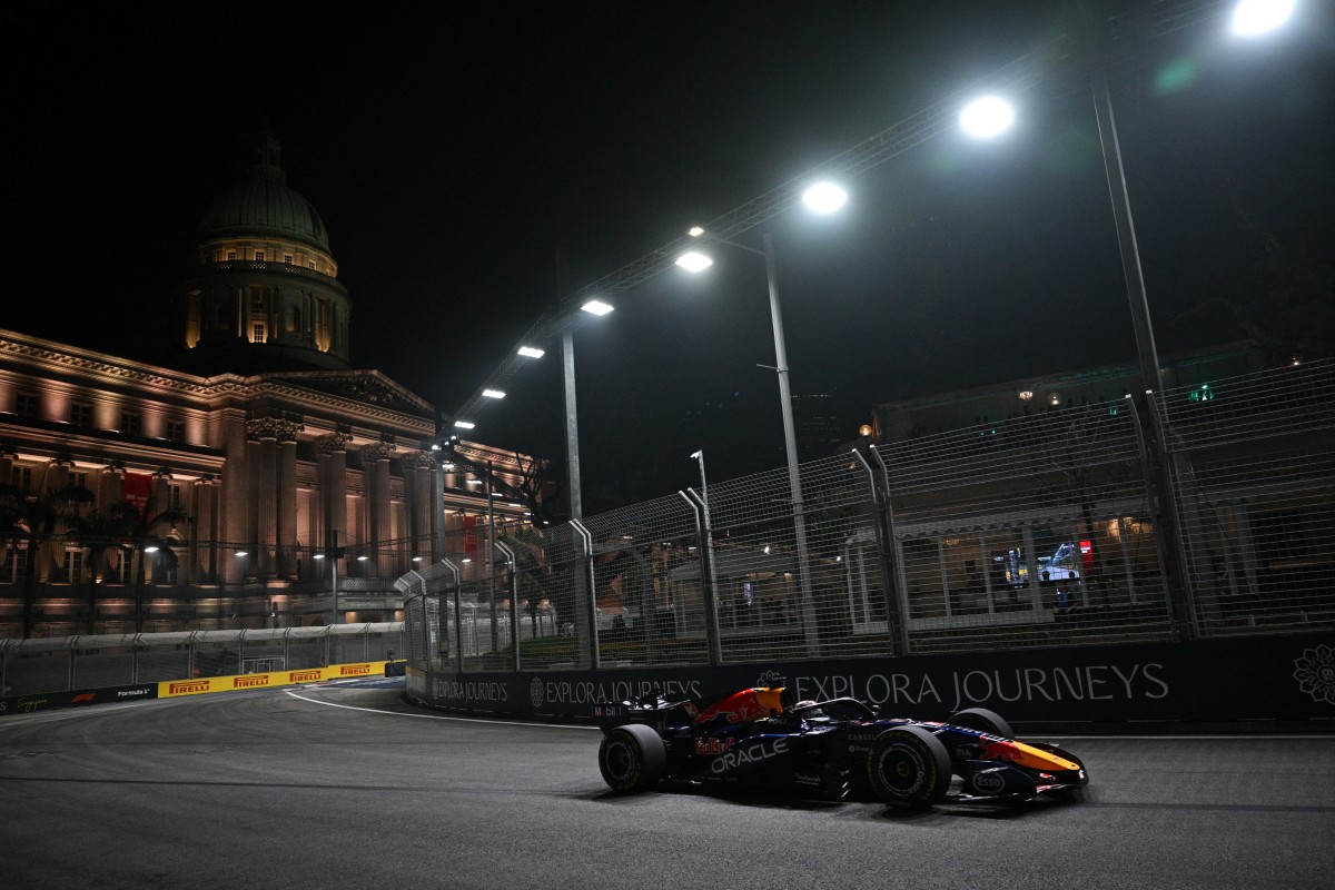 Red Bull Racing's Dutch driver Max Verstappen steers his car during the sprint qualifying session ahead of the Formula One Singapore Grand Prix at the Marina Bay Street Circuit in Singapore on October 9, 2026. (