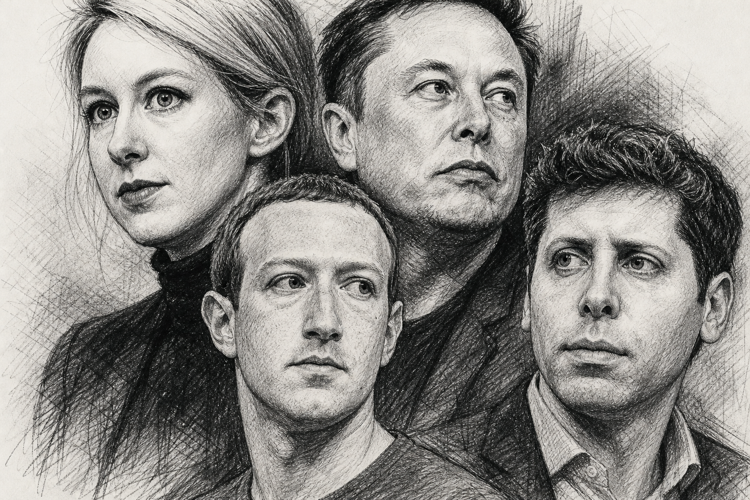 Elizabeth Holmes, Elon Musk, Mark Zuckerberg and Sam Altman.