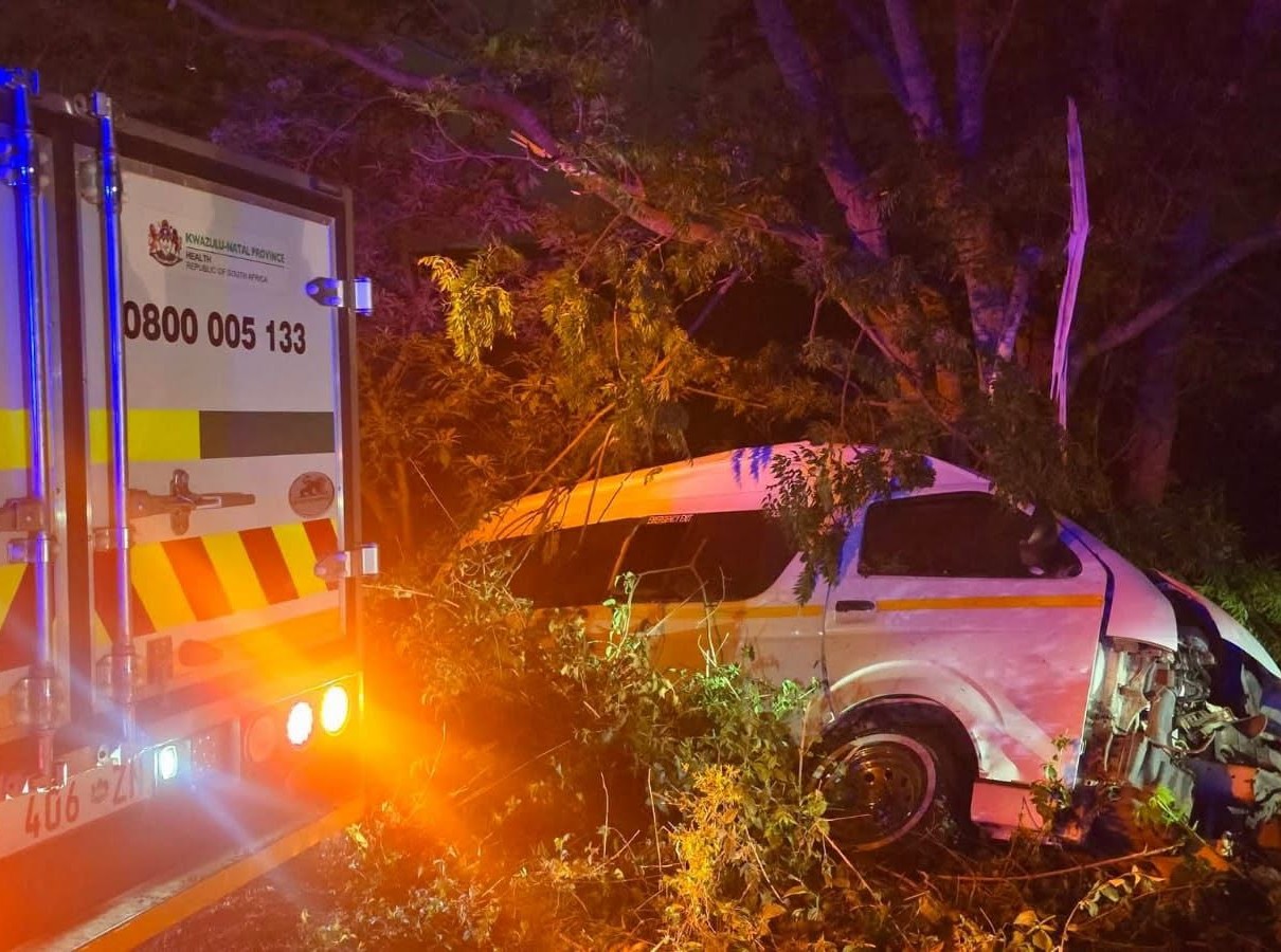 The mangled remains of the minibus taxi that crashed into a tree between Georgedale and Cato Ridge, killing 10 men and injuring five.