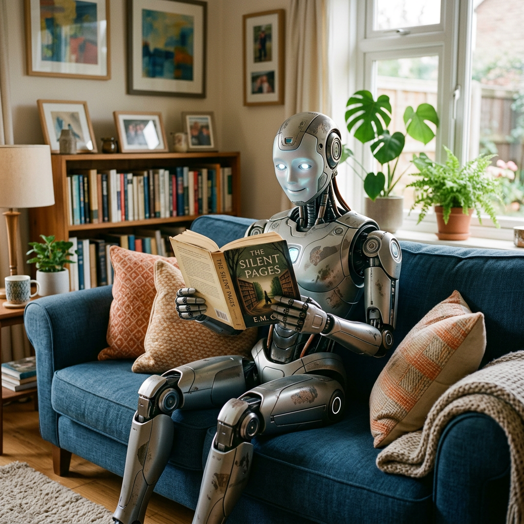 Humanoid robot sitting on a sofa and reading The Silent Pages